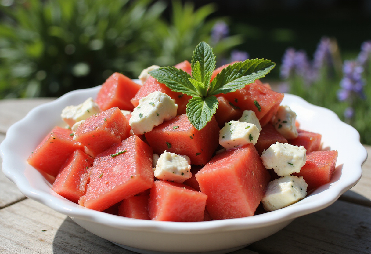Final presentation of Easy Watermelon Feta Salad, a perfect summer dish featuring watermelon and feta in a vibrant outdoor setting.