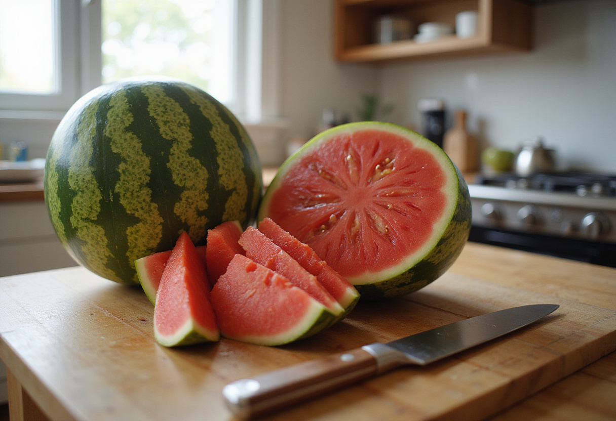 Easy Watermelon Feta Salad preparation with fresh watermelon cubes on a cutting board for a summer dish.