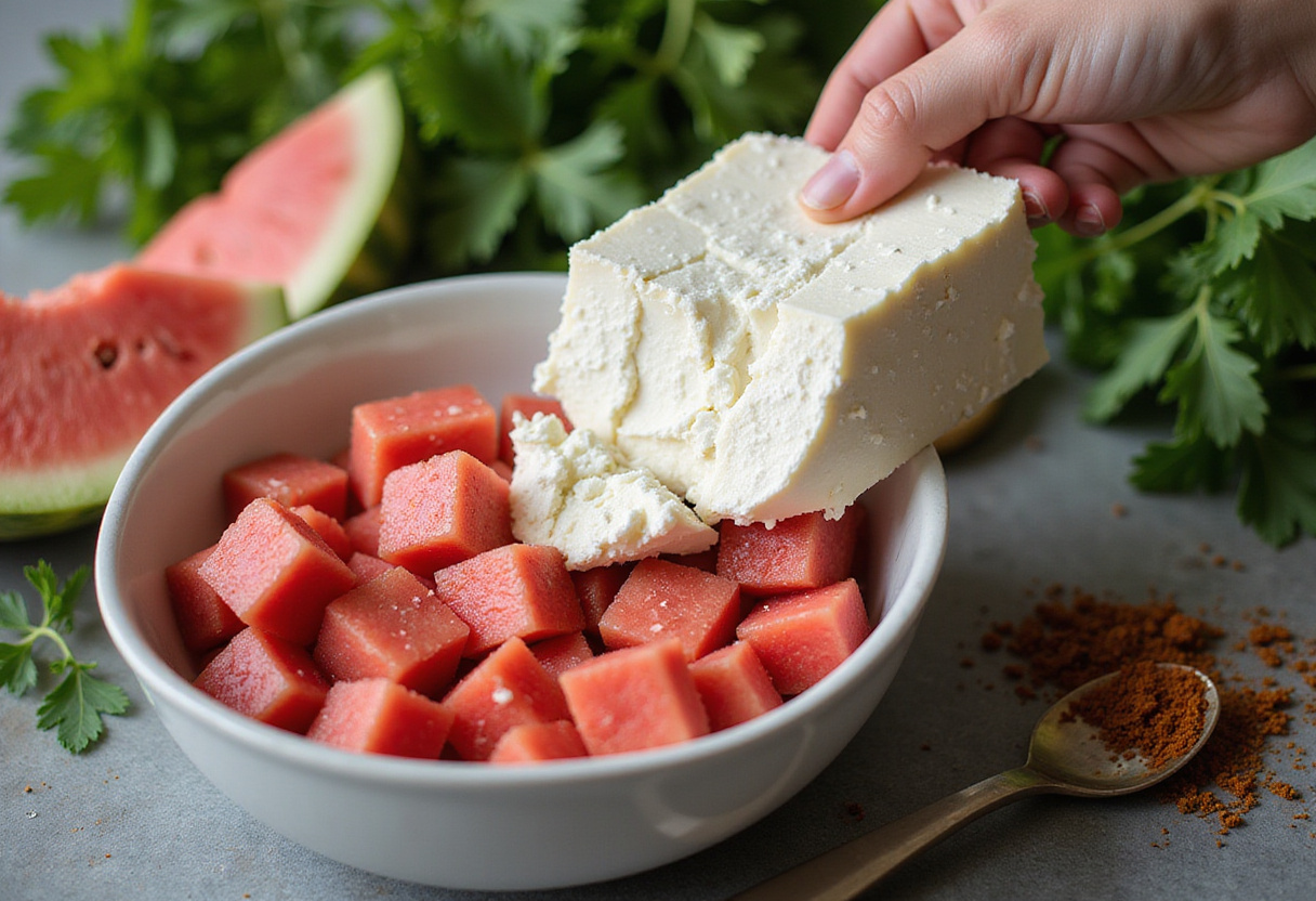 Making Easy Watermelon Feta Salad by crumbling feta cheese into a bowl with watermelon for a refreshing summer salad.