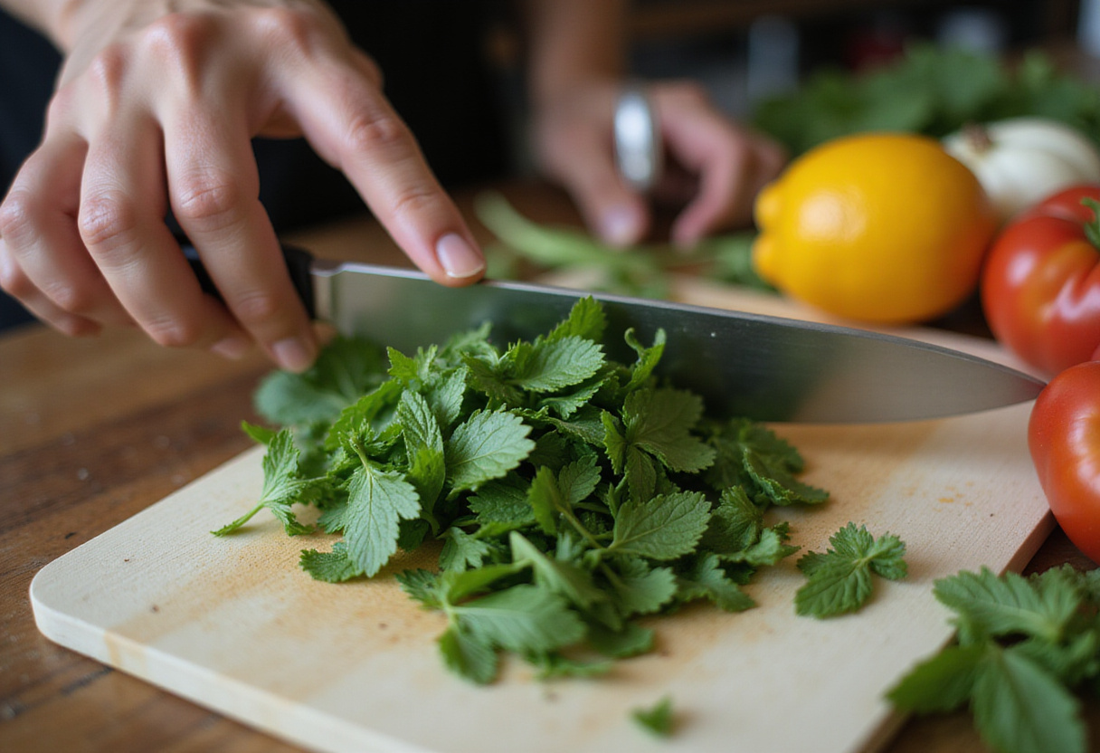 Enhancing Easy Watermelon Feta Salad with chopped fresh mint leaves, ideal for summer enjoyment.
