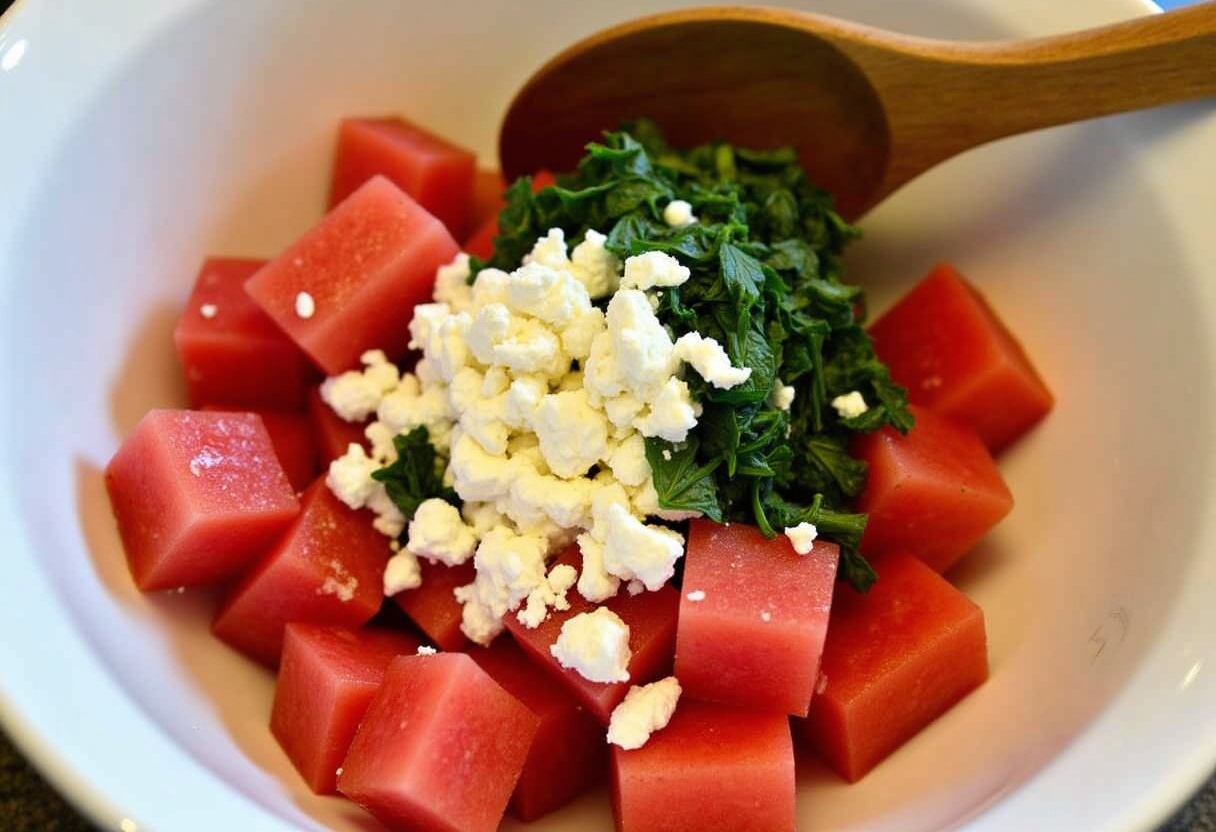 Combining ingredients for Easy Watermelon Feta Salad, showcasing fresh flavors for a delicious summer recipe.