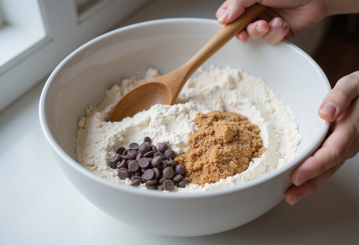 Ingredients for edible cookie dough: flour, brown sugar, and a mixing bowl on a countertop for an easy no-bake dessert.