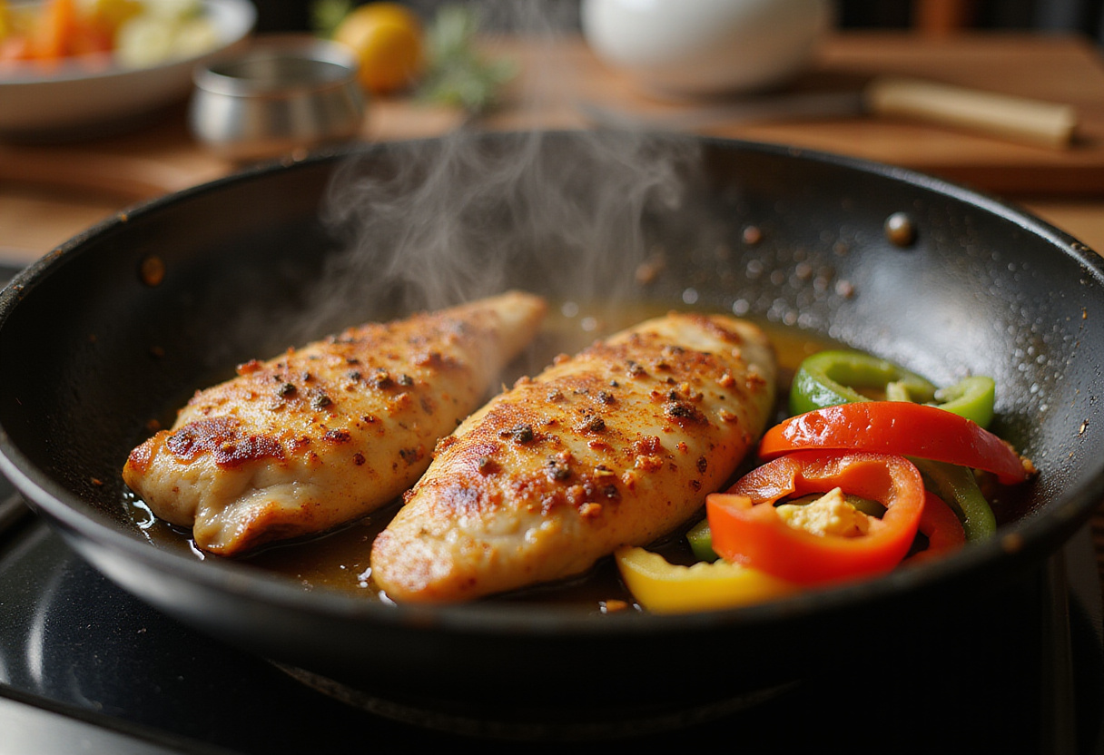 Cooking marinated chicken for Effortless Street Corn Chicken Rice Bowl, showcasing vibrant bell peppers and a cozy kitchen ambiance.