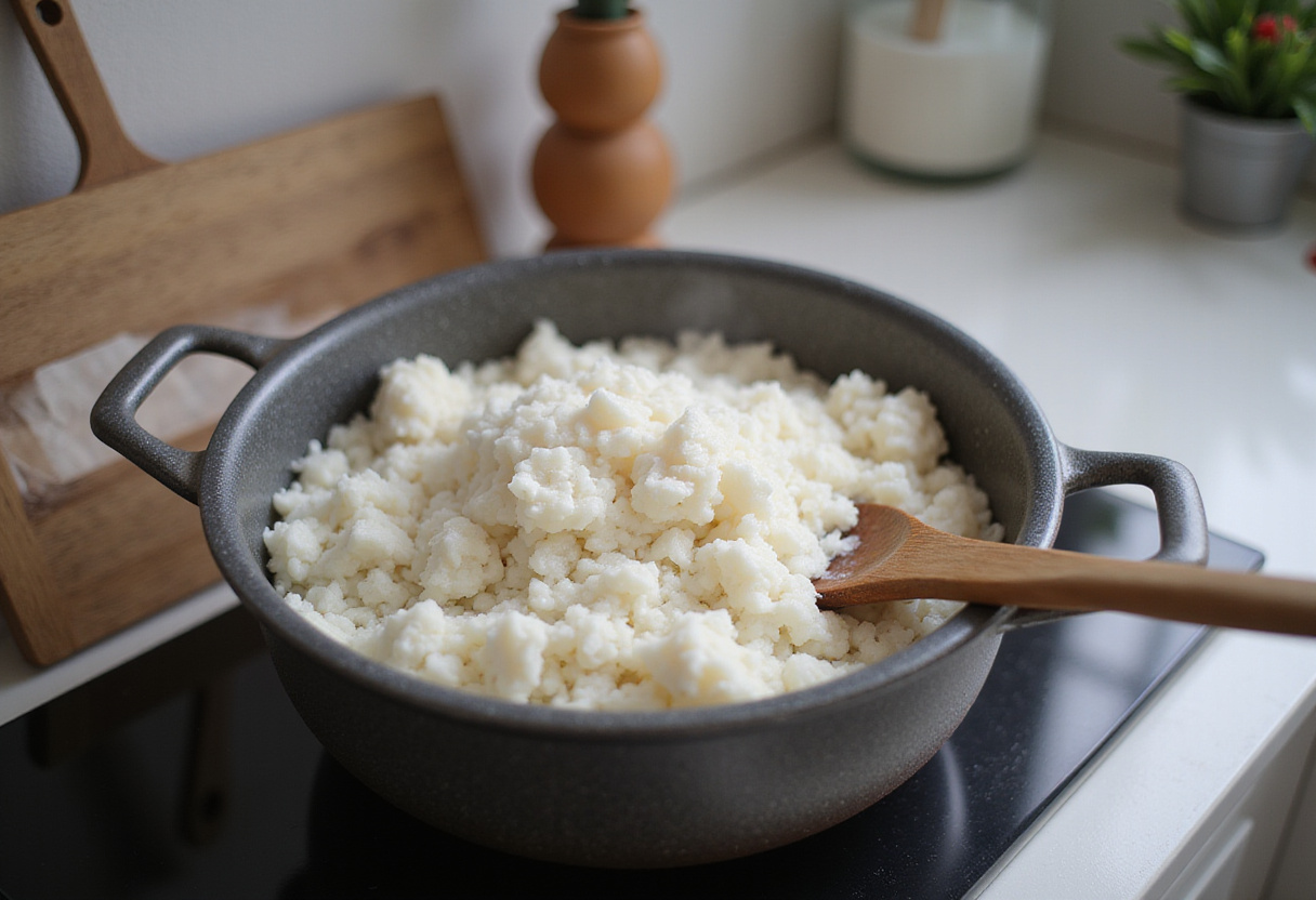 Preparation of fluffy rice for Effortless Street Corn Chicken Rice Bowl, emphasizing a clean kitchen and simple cooking process.