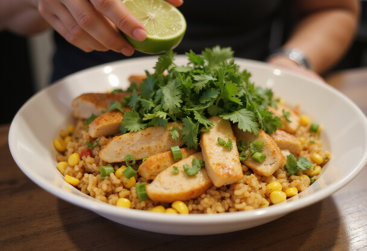 Assembling an Effortless Street Corn Chicken Rice Bowl with rice, chicken, and fresh ingredients, creating a colorful and appetizing dish.