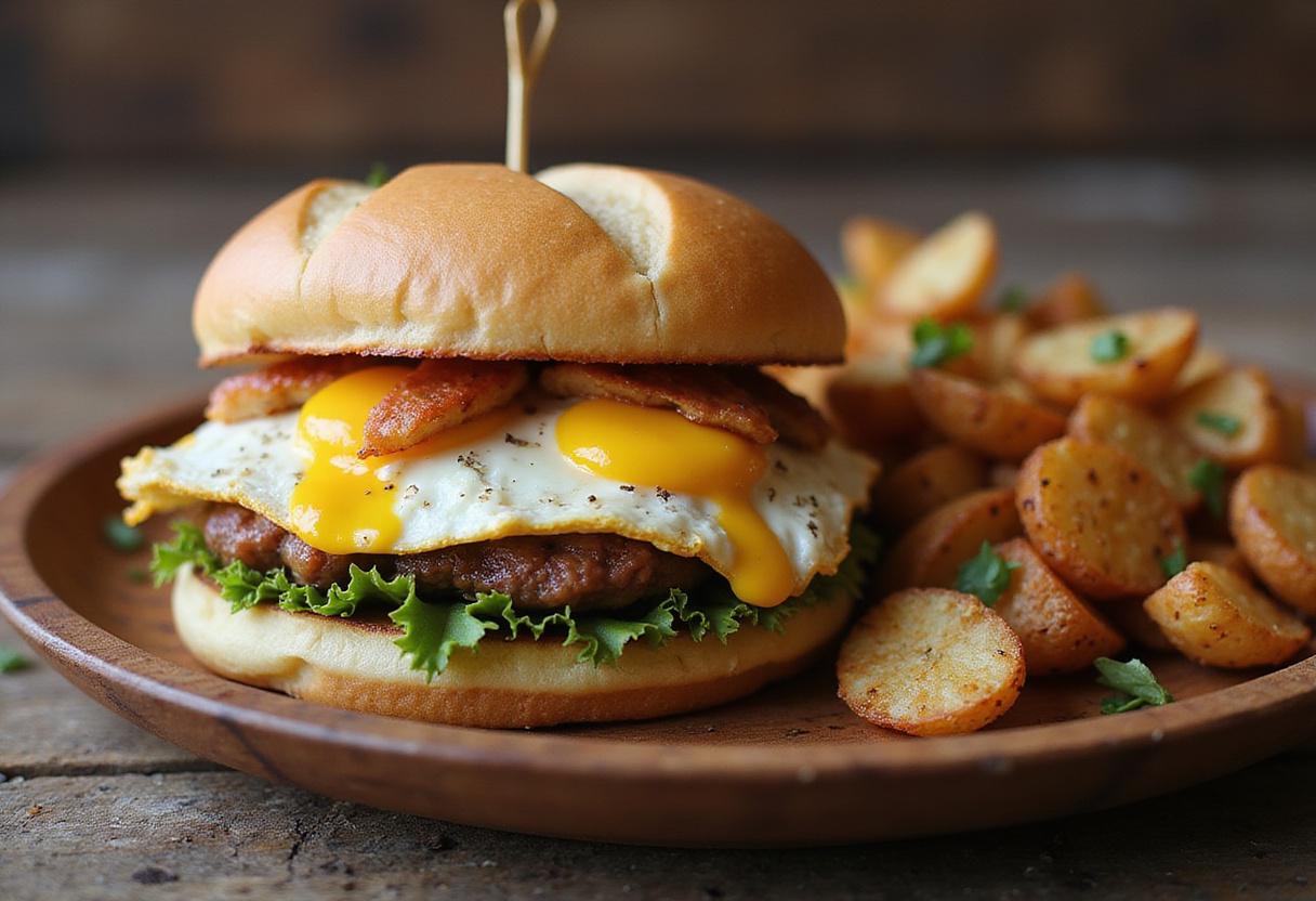 Final presentation of a delicious Eggslut Breakfast Sandwich on a wooden plate, served with crispy hash browns for a satisfying breakfast experience.