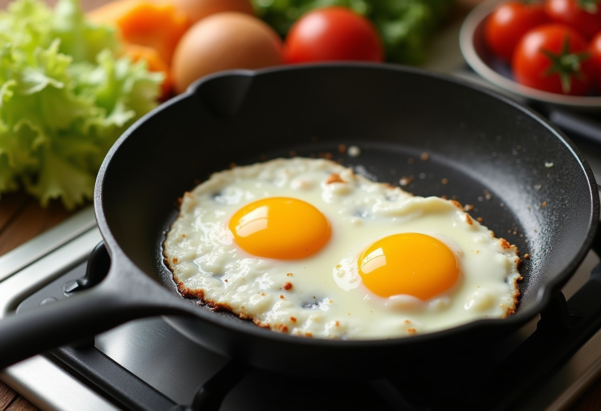 Delicious sunny side up eggs cooking in a pan for an Eggslut Breakfast Sandwich with fresh lettuce and tomato.