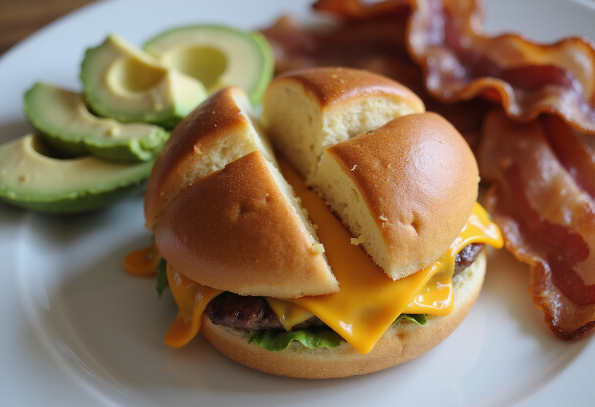 Toasty brioche bun and melty cheese prepared for the Eggslut Breakfast Sandwich filled with avocado and bacon.