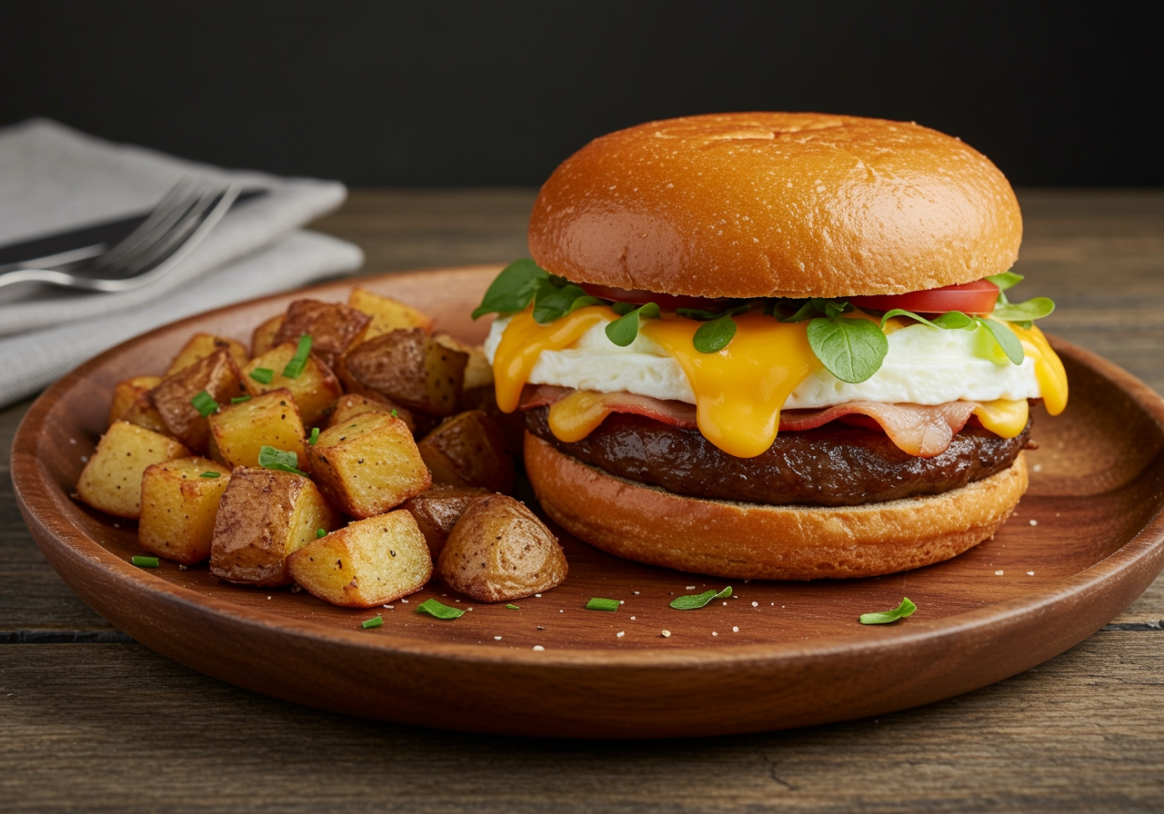 Final presentation of a delicious Eggslut Breakfast Sandwich on a wooden plate, served with crispy hash browns for a satisfying breakfast experience.