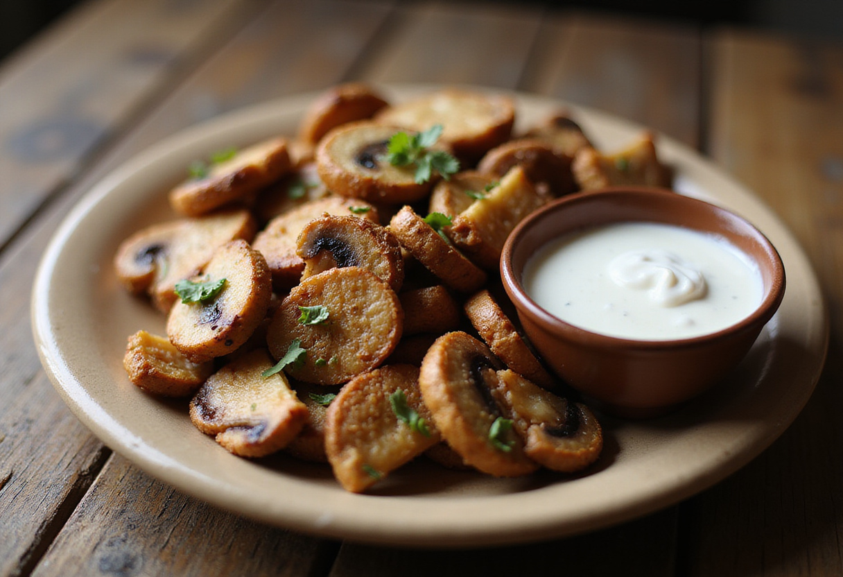 gourmet presentation of fried sliced mushrooms with ranch dressing on a rustic table, perfect for serving