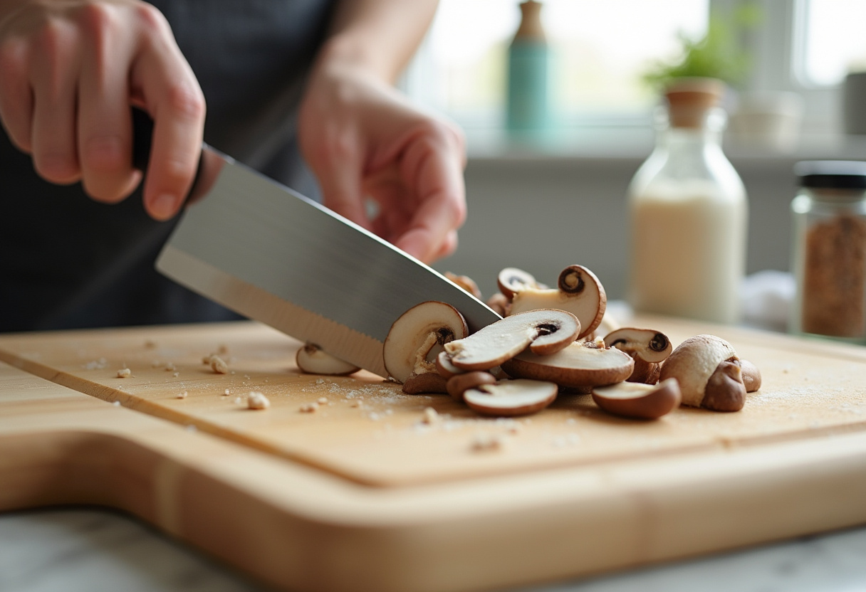 slicing fresh mushrooms for fried sliced mushrooms with ranch dressing in a bright kitchen