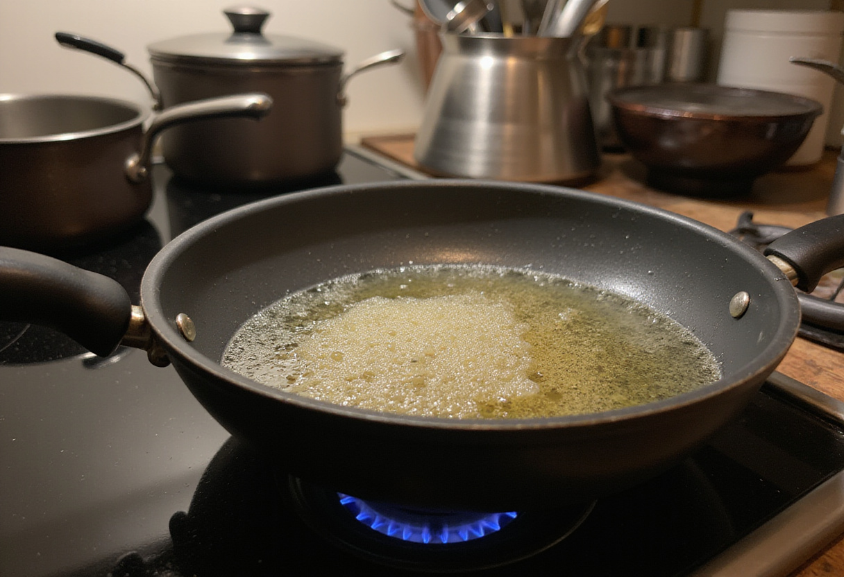 heating oil in a frying pan for cooking fried sliced mushrooms with ranch in a modern kitchen
