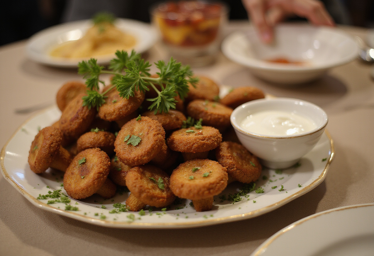 plated crispy fried mushrooms with ranch dressing, garnished with parsley on a cozy dining table