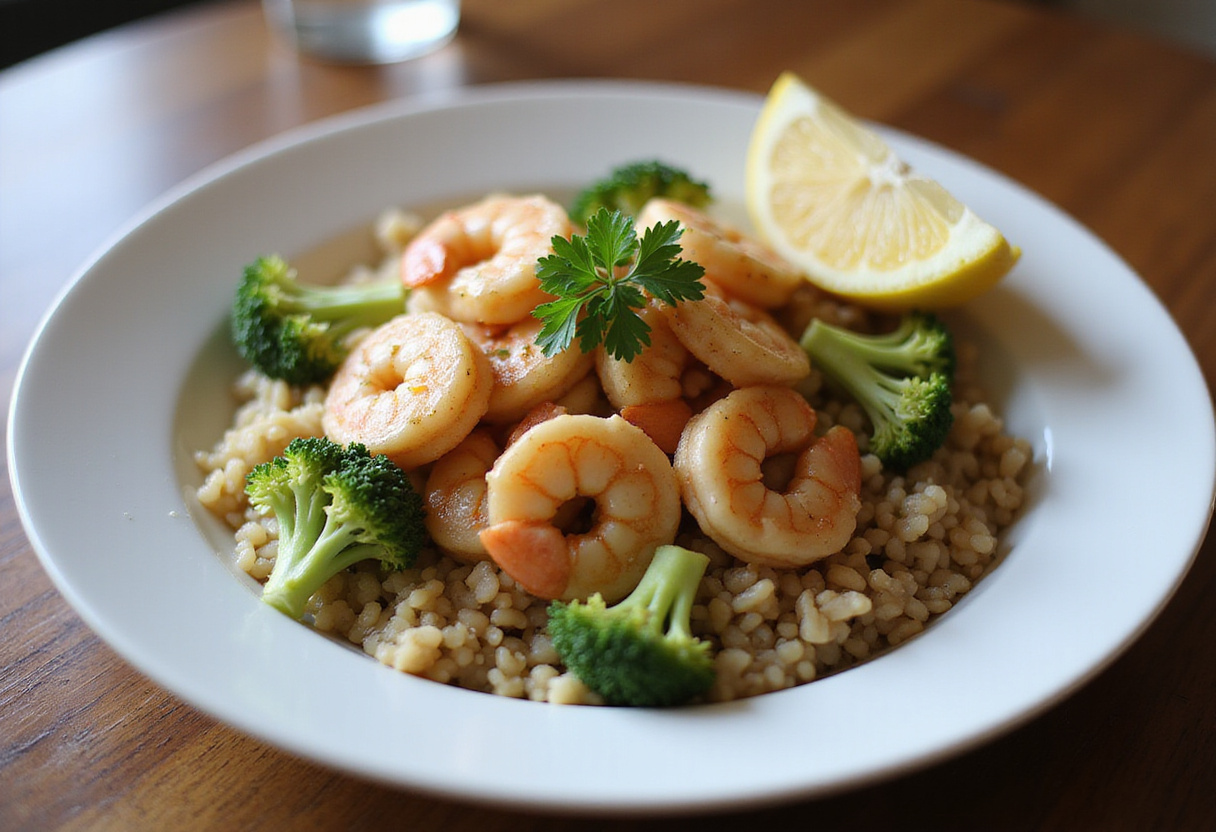 Final presentation of Garlic Butter Shrimp and Broccoli Rice, showcasing a healthy and hearty meal ready to be served.