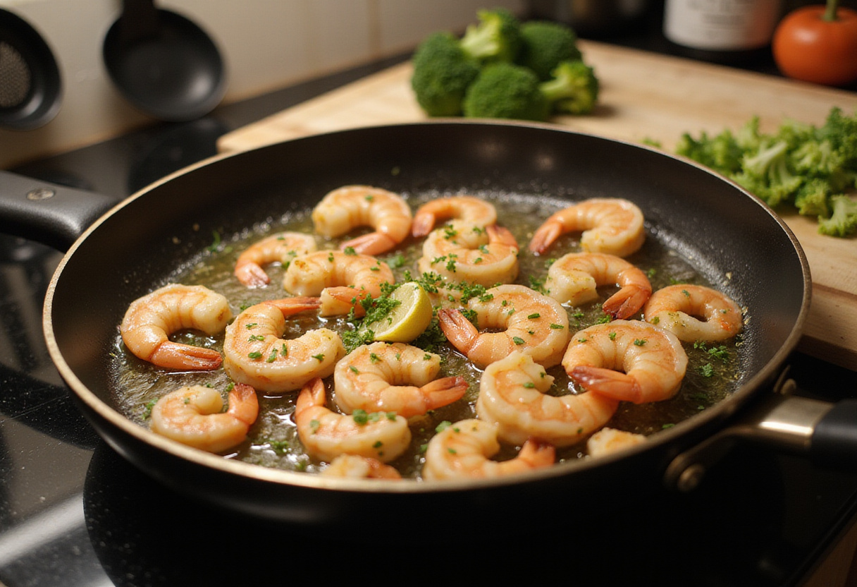 Cooking shrimp in garlic butter for Garlic Butter Shrimp and Broccoli Rice, highlighting a healthy cooking technique.