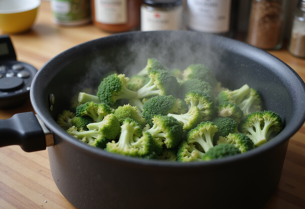 Steaming fresh broccoli for Garlic Butter Shrimp and Broccoli Rice, emphasizing the nutritious preparation of the dish.