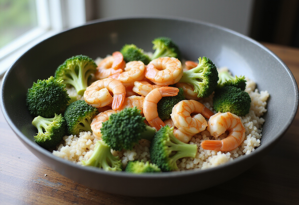 Combining shrimp, garlic butter, and broccoli with rice for Garlic Butter Shrimp and Broccoli Rice, highlighting wholesome meal preparation.