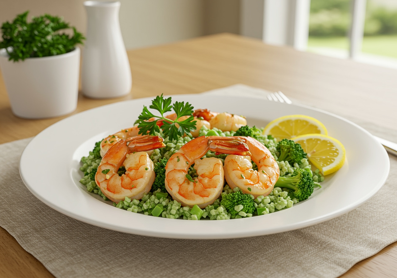 Final presentation of Garlic Butter Shrimp and Broccoli Rice, showcasing a healthy and hearty meal ready to be served.