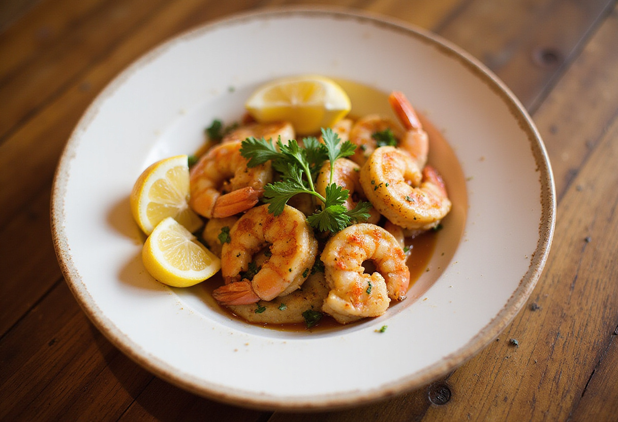 Deliciously plated Garlic Parmesan Roasted Shrimp, garnished with lemon and parsley, showcasing a perfect seafood dish.