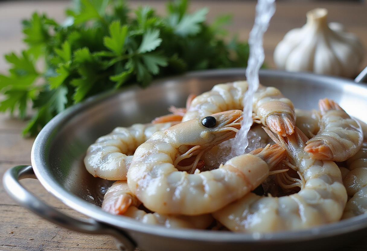 Fresh shrimp being rinsed for Garlic Parmesan Roasted Shrimp, with garlic cloves and parsley for added flavor.