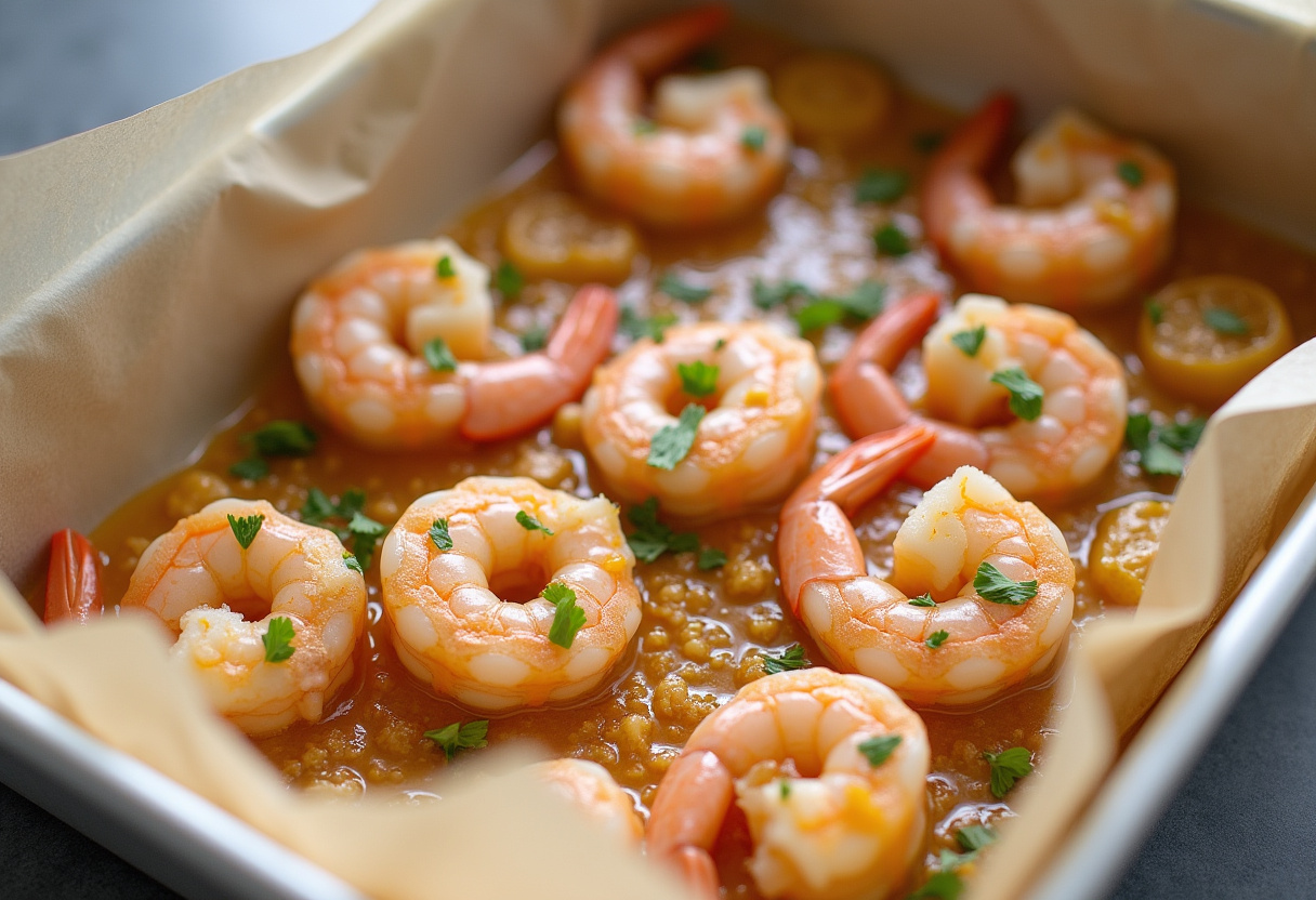 Uncooked shrimp marinated in garlic and Parmesan on parchment, ready for roasting in the Garlic Parmesan Roasted Shrimp recipe.
