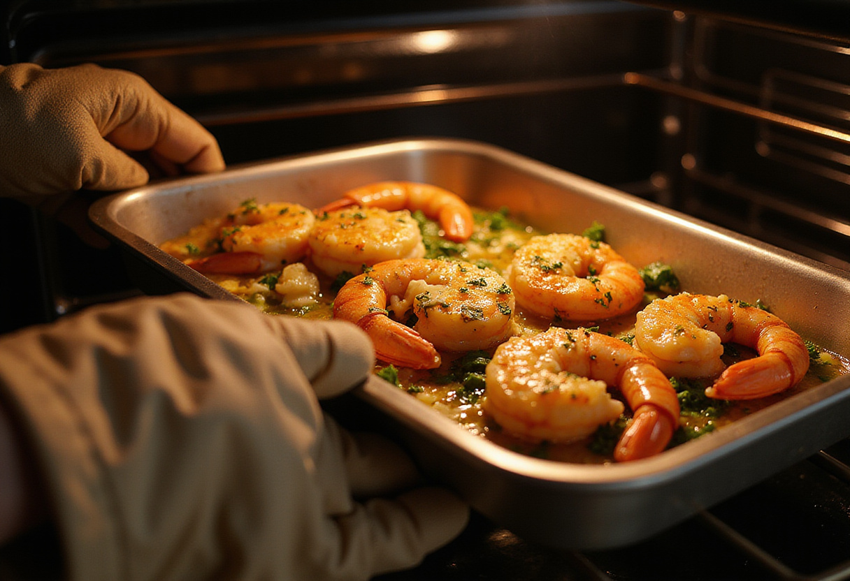 Golden-brown Garlic Parmesan Roasted Shrimp being taken out of the oven, displaying a delicious and aromatic seafood dish.
