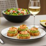 Final presentation of Garlic Shrimp Crostini with Avocado, highlighting a classy appetizer against a backdrop of elegant dining setting.