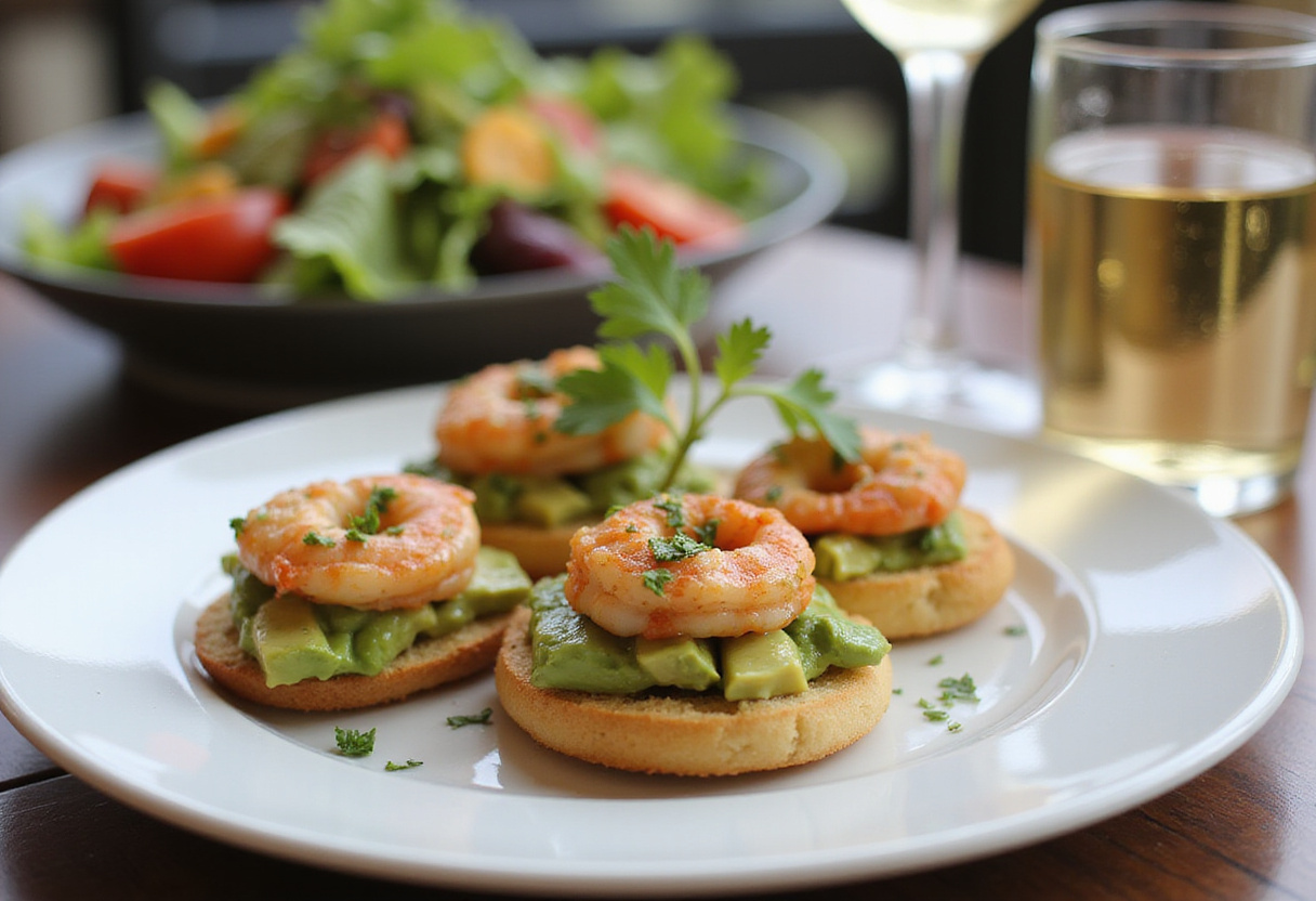 Final presentation of Garlic Shrimp Crostini with Avocado, highlighting a classy appetizer against a backdrop of elegant dining setting.