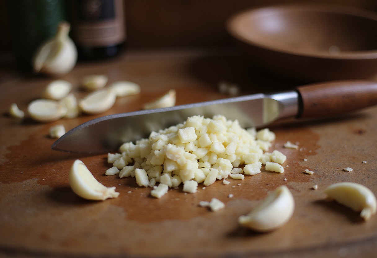 Minced garlic preparation for Garlic Shrimp Crostini with Avocado, showcasing the aromatic ingredients in a rustic kitchen.
