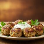 Delicious Greek turkey meatballs served with homemade tzatziki sauce, showcasing a beautiful presentation.