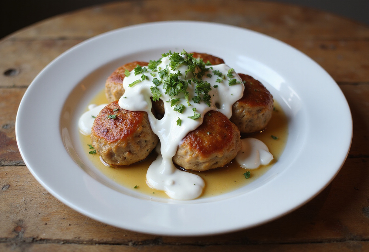 Delicious Greek turkey meatballs served with homemade tzatziki sauce, showcasing a beautiful presentation.