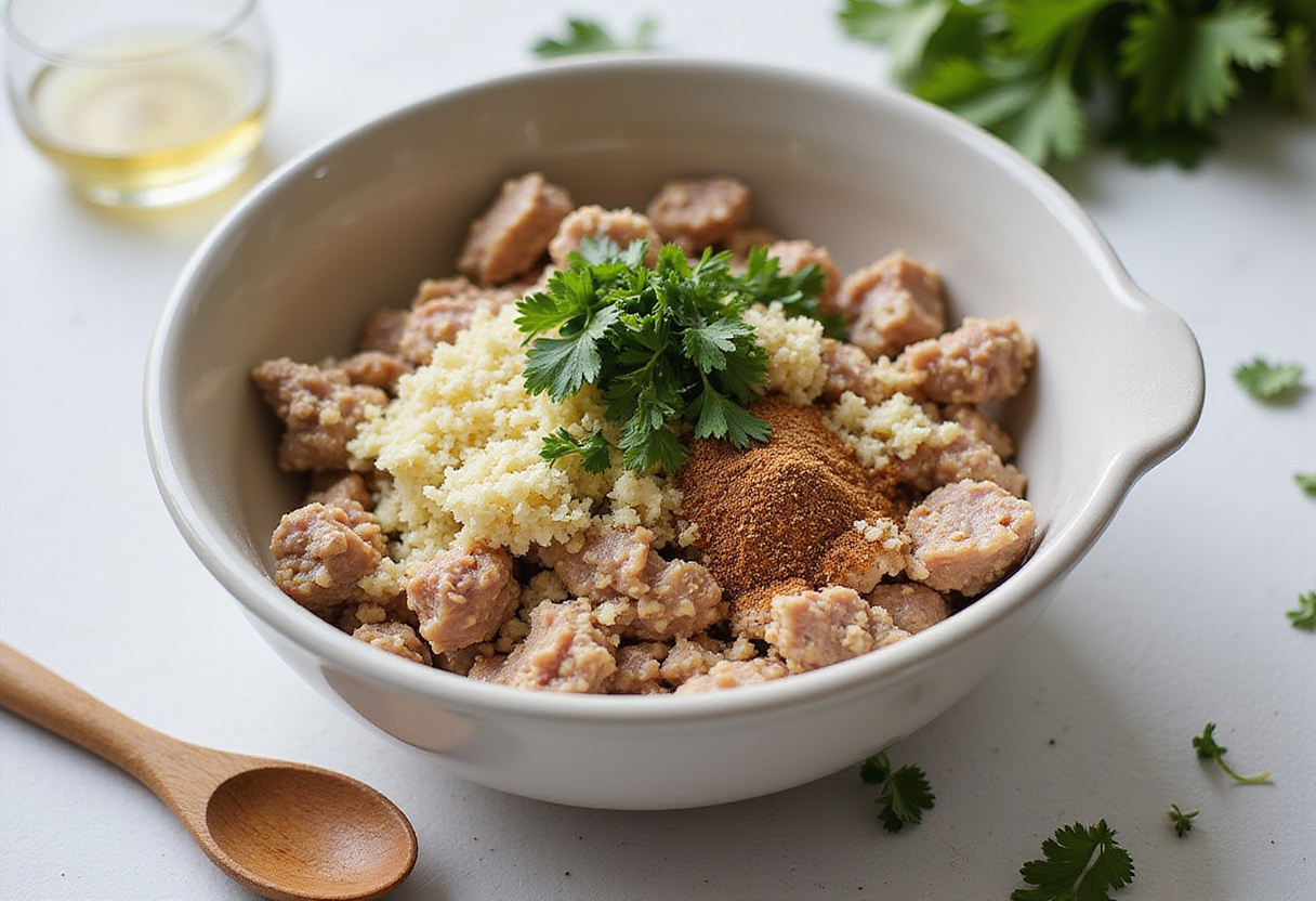 Preparing Greek turkey meatballs with ground turkey, breadcrumbs, and spices in a mixing bowl.