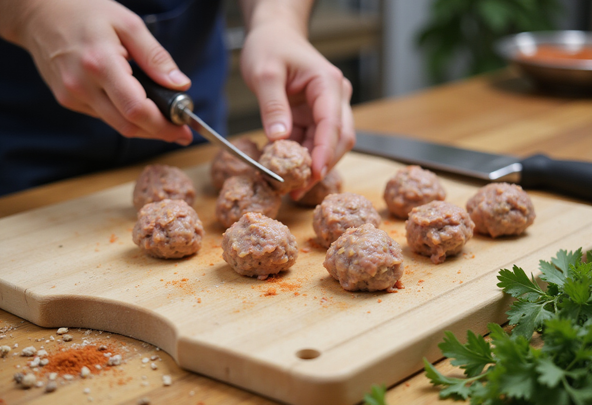 Shaping Greek turkey meatballs on a cutting board amidst fresh herbs and spices.
