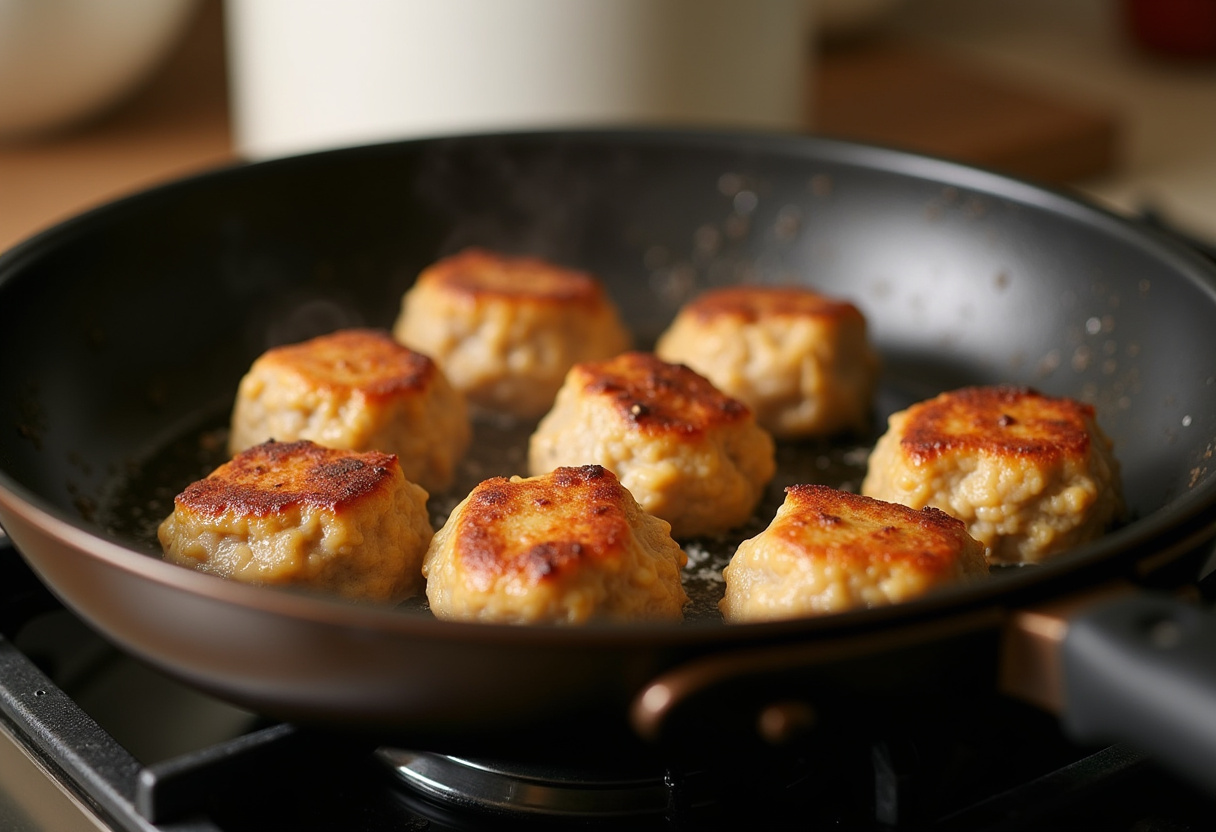 Cooking Greek turkey meatballs in a skillet, showcasing a delicious golden-brown color.