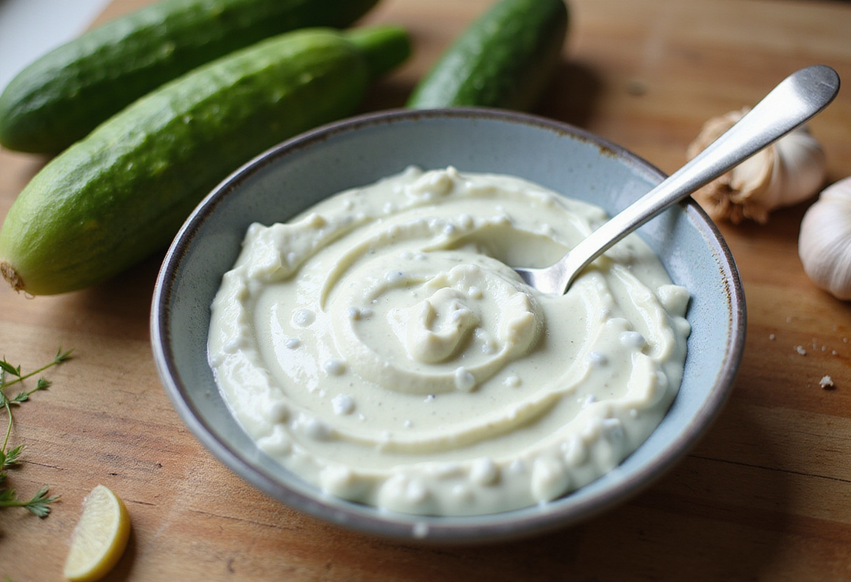 Preparing tzatziki sauce with yogurt, cucumbers, and garlic for a Greek meal.