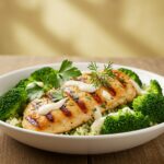 Final presentation of Grilled Chicken & Broccoli Bowls with creamy garlic sauce, a nutritious and appealing meal option.