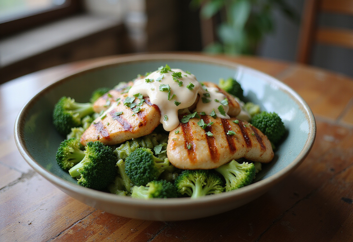 Final presentation of Grilled Chicken & Broccoli Bowls with creamy garlic sauce, a nutritious and appealing meal option.