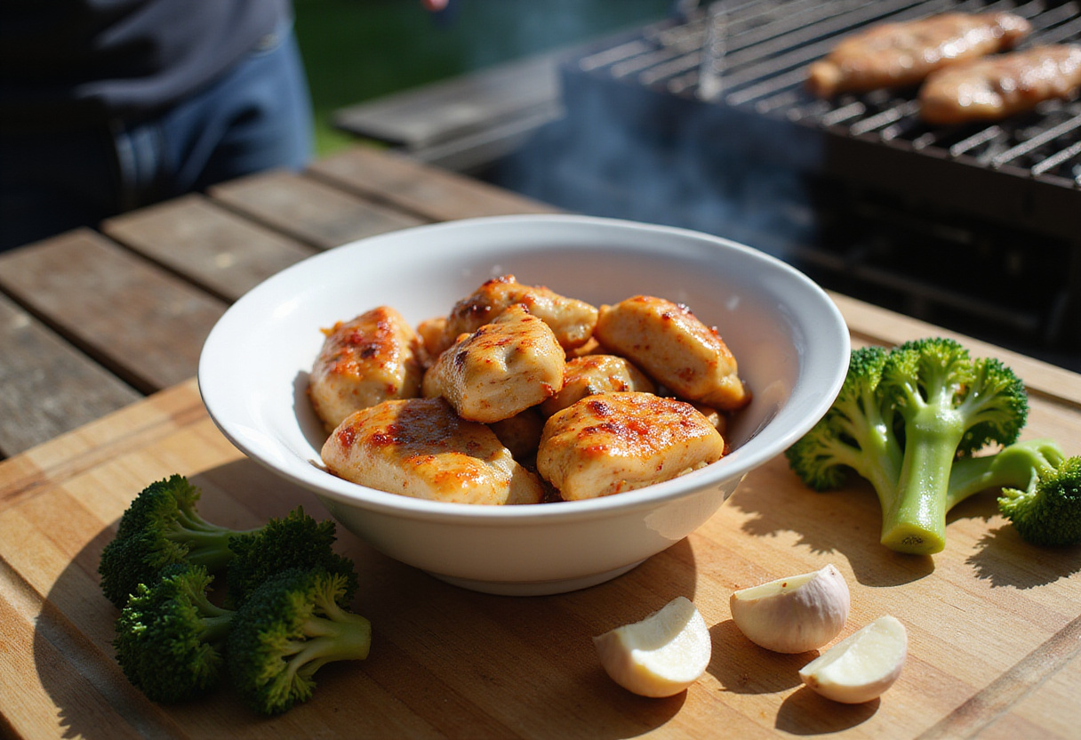 Grilled chicken marinated with garlic, fresh broccoli florets, and ingredients prepared for a Grilled Chicken & Broccoli Bowl.