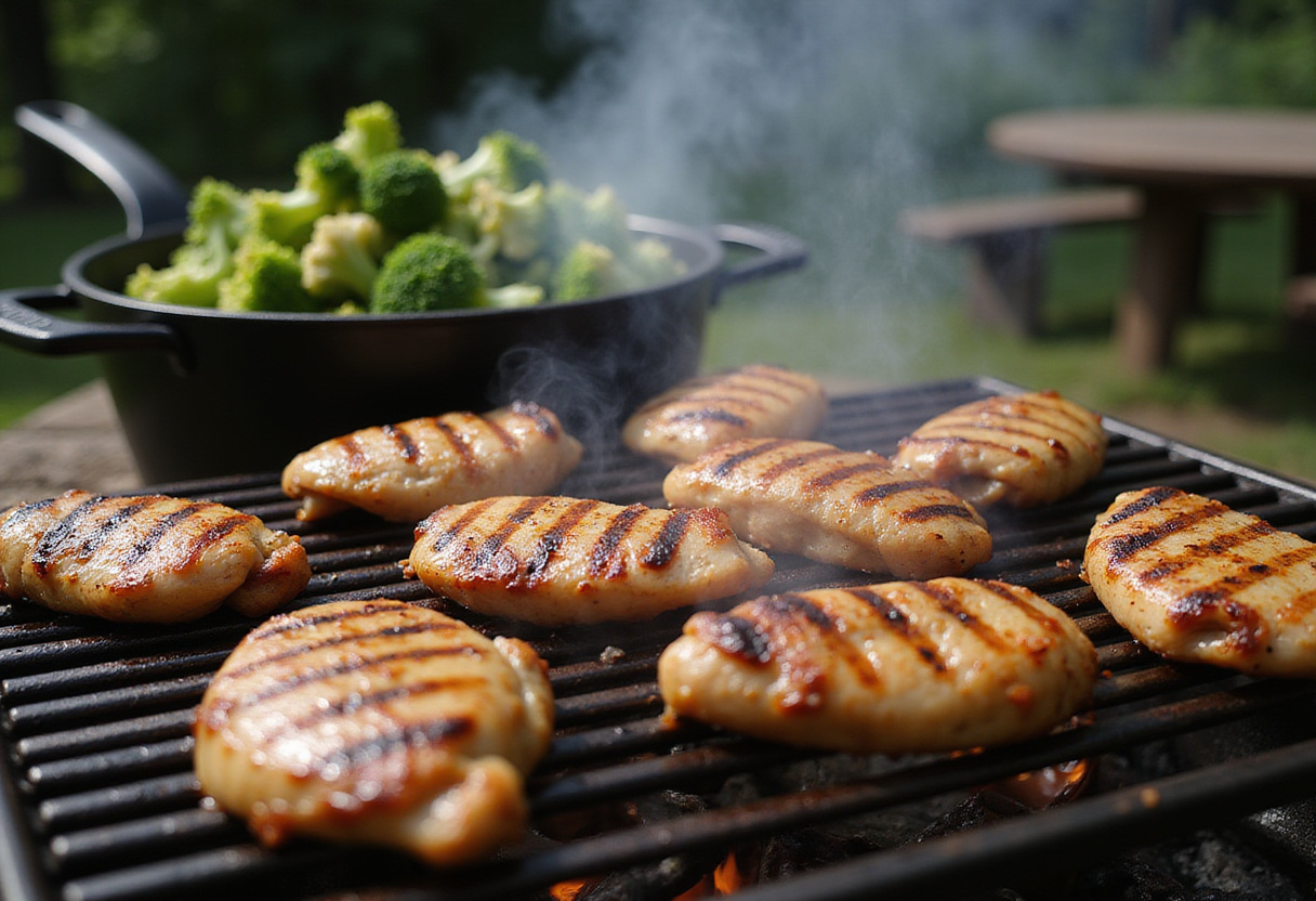 Sizzling grilled chicken with broccoli steaming, showcasing the preparation of a healthy Grilled Chicken & Broccoli Bowl.