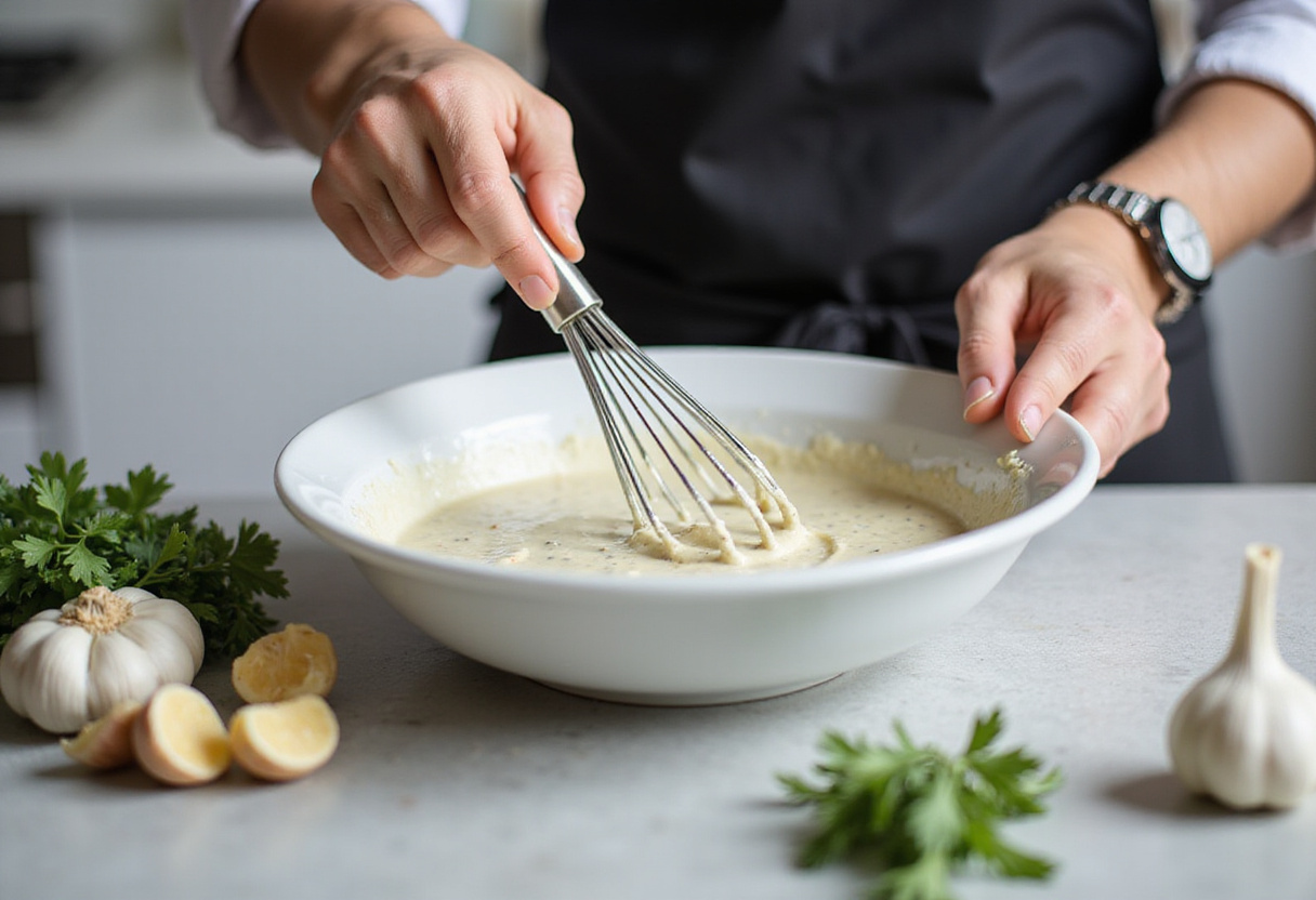 Preparing a creamy garlic sauce in a modern kitchen, essential for Grilled Chicken & Broccoli Bowls, highlighting the cooking process.