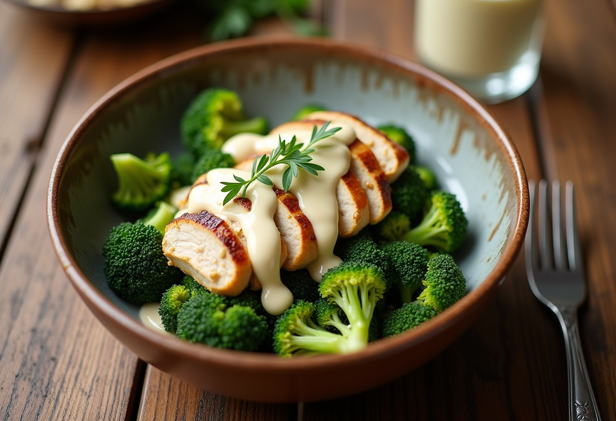 Assembling a Grilled Chicken & Broccoli Bowl with creamy garlic sauce in a rustic setting, illustrating the delicious final steps of preparation.