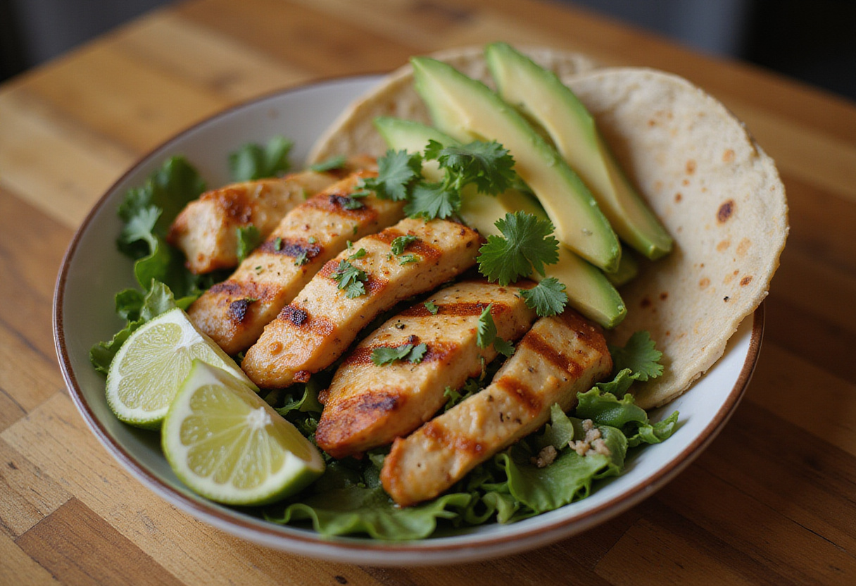 Beautifully arranged grilled chicken burrito bowl with rice, beans, and fresh toppings for a mouthwatering presentation.
