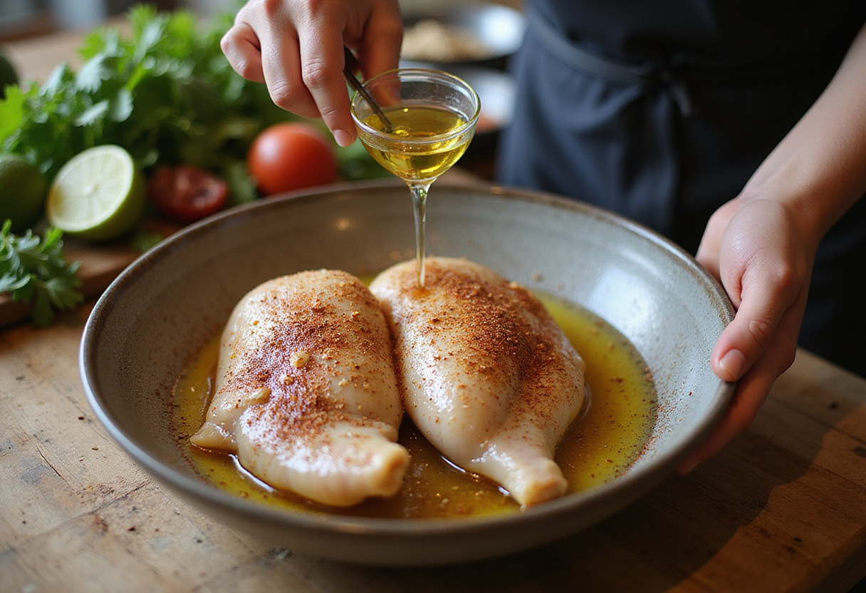 Marinating chicken breasts for grilled chicken burrito bowl with flavorful spices and lime juice.