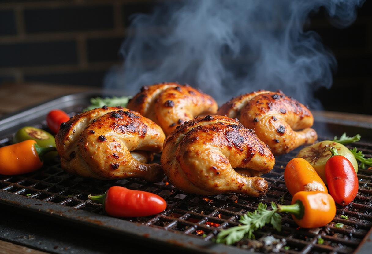 Grilling marinated chicken for a delicious grilled chicken burrito bowl, surrounded by fresh vegetables.
