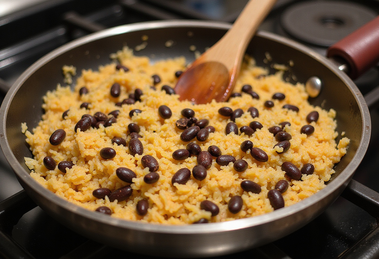 Cooking rice and black beans together for a hearty grilled chicken burrito bowl base.