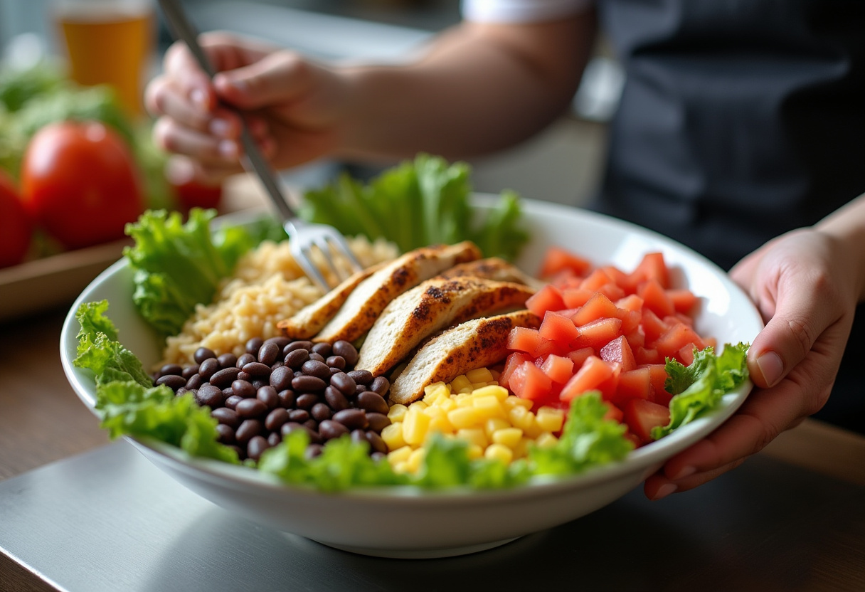 Assembling a delicious grilled chicken burrito bowl with vibrant ingredients including chicken, rice, and fresh veggies.