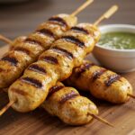 Golden-brown grilled ranch garlic Parmesan chicken skewers ready to be enjoyed with dipping sauce.