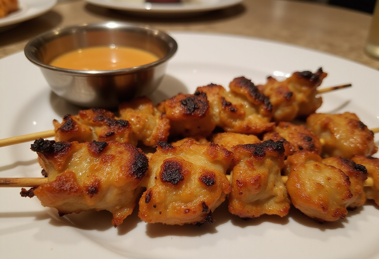Golden-brown grilled ranch garlic Parmesan chicken skewers ready to be enjoyed with dipping sauce.