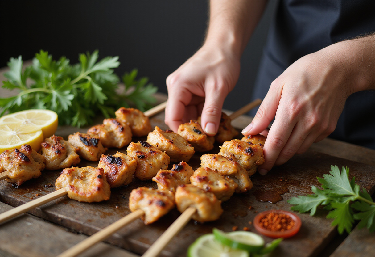 Chef preparing chicken skewers by threading marinated chicken for grilling with herbs in the background.
