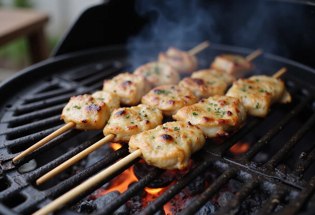 Grilled chicken skewers cooking on a barbecue grill, infused with garlic and Parmesan flavors.